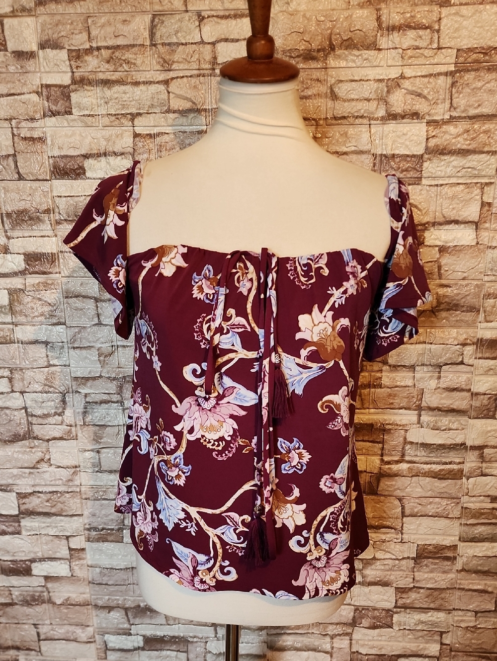 White House Black Market Floral Off-Shoulder Tie-Front Top - Burgundy Purple